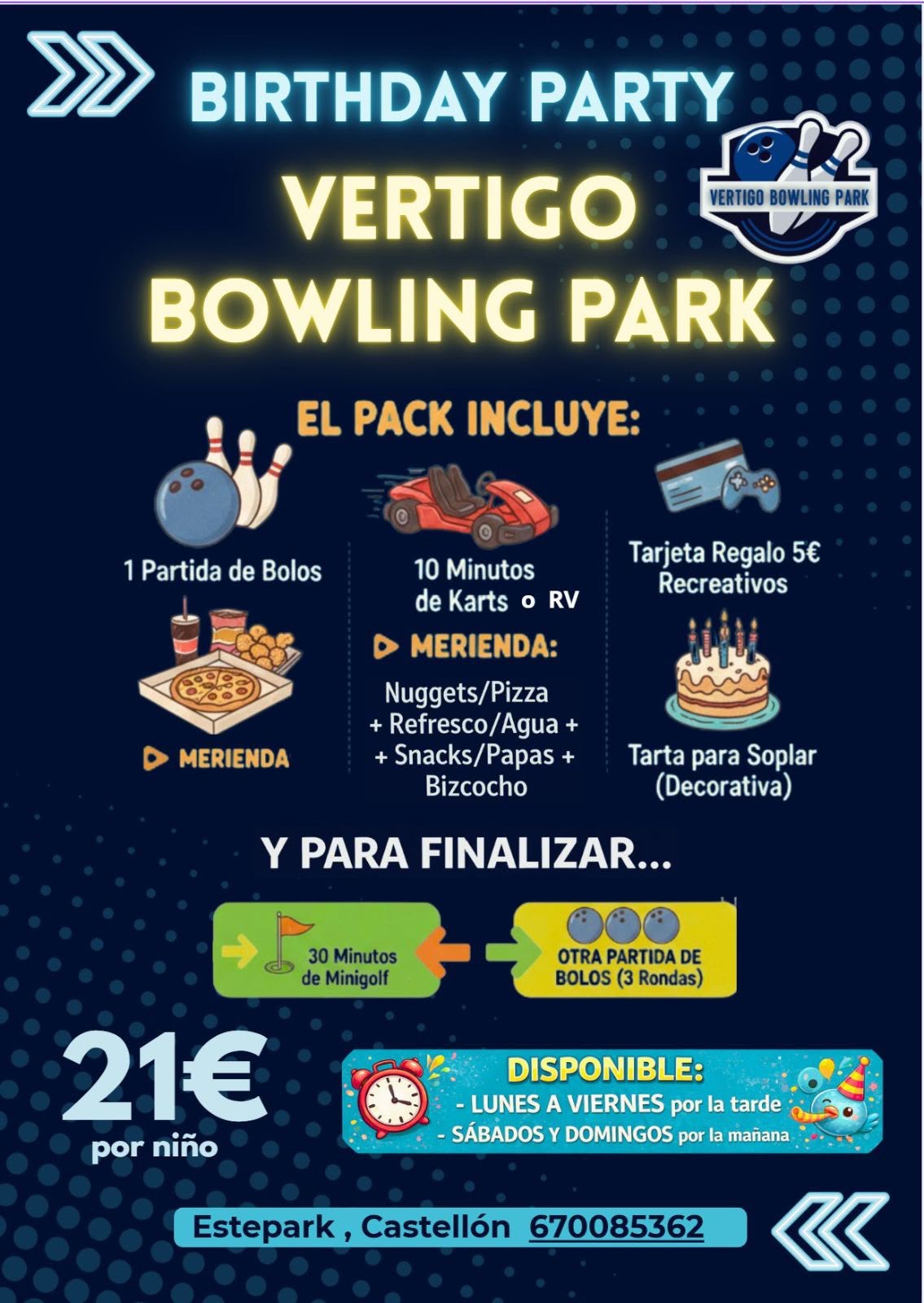 Informacion de cumpleaños en Vertigo Bowling Park